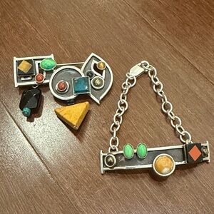 Gail Rothstein Geometric Sterling Silver Multicolored Stones Brooch & Bracelet